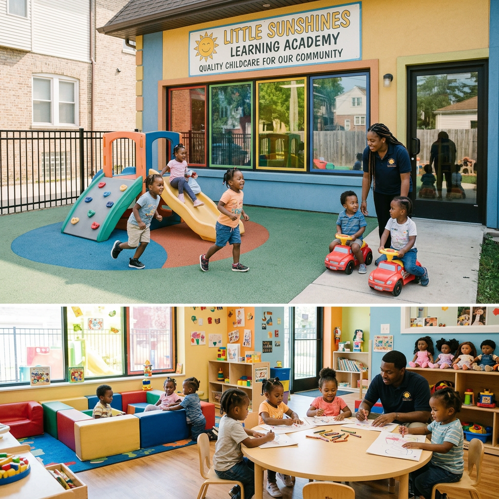 Children playing outside on a slide and riding toy cars; children drawing and interacting indoors with a teacher