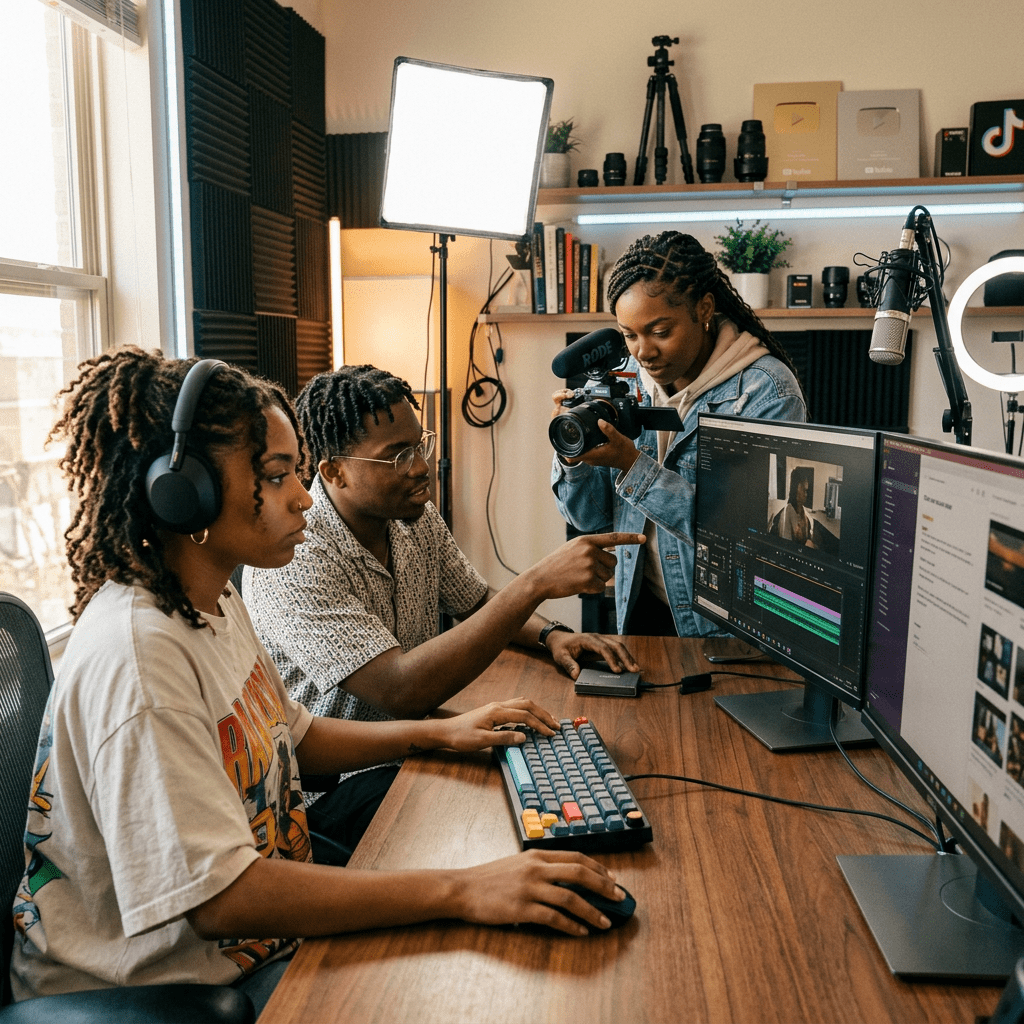 Three people working on video editing with camera and lighting equipment in a studio