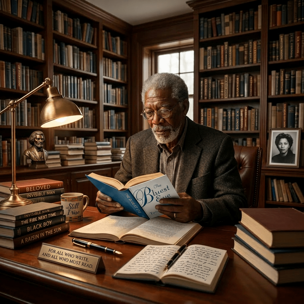 Black literary theme with books and writer